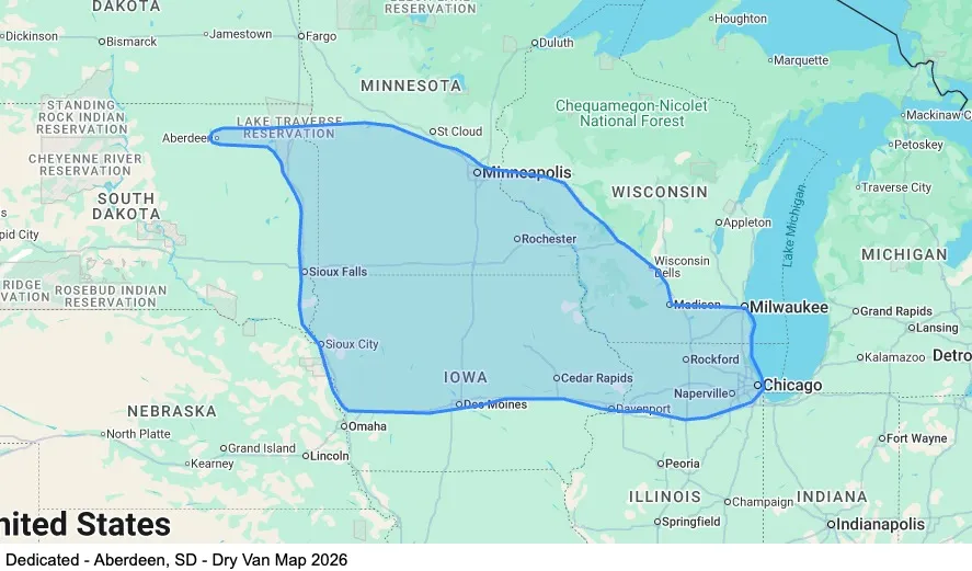 Dedicated - Aberdeen, SD - Dry Van map