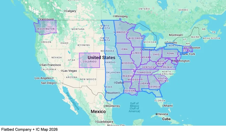 Flatbed Specialized 101 - Lease Purchase - 14 to 21 Days Out map