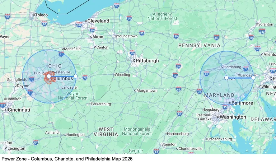 Power Zone - Columbus, Charlotte, and Philadelphia map