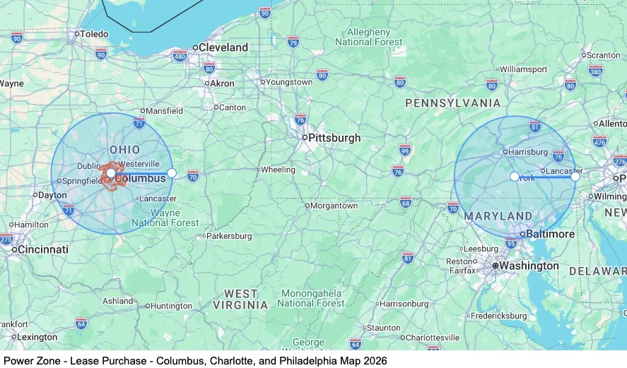 Power Zone - Lease Purchase - Columbus, Charlotte, and Philadelphia map