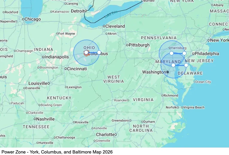 Power Zone - York, Columbus, and Baltimore map