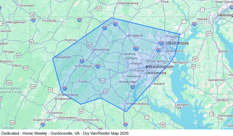Dedicated - Home Weekly - Gordonsville, VA - Dry Van/Reefer map