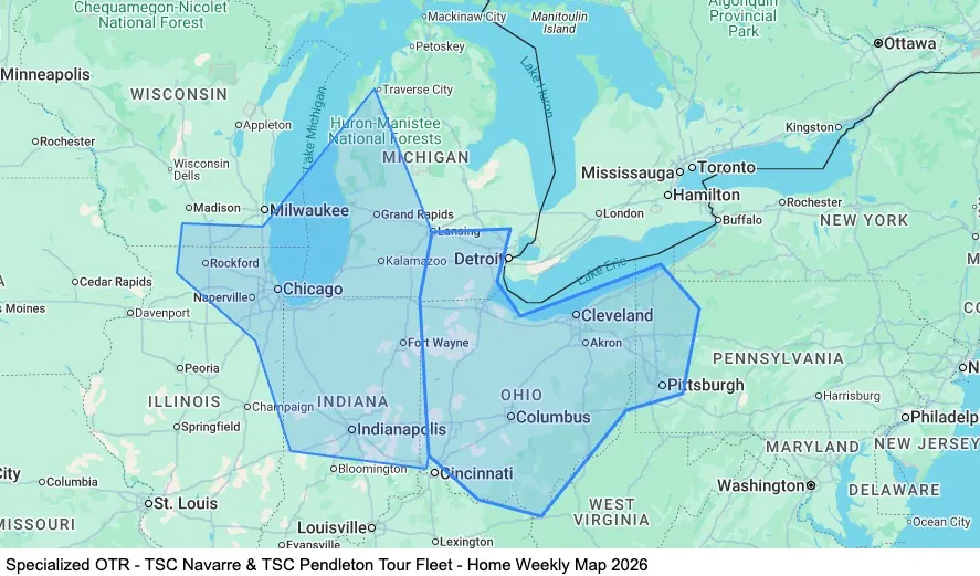 Specialized OTR - Dedicated Tour Fleet - Home Weekly - Navarre, OH and Pendleton, IN map