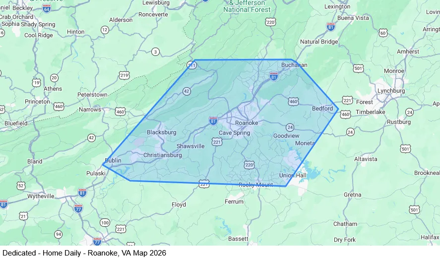 Dedicated - Home Daily - Roanoke, VA map