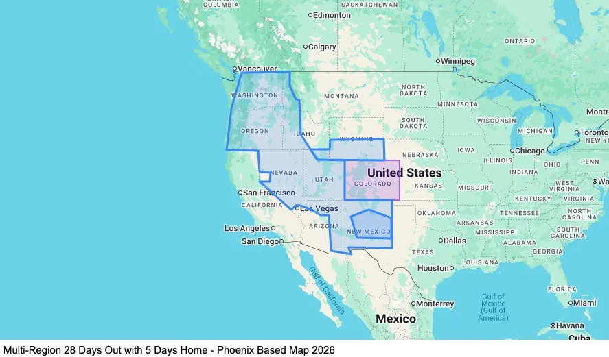 Multi-Region 28 Days Out with 5 Days Home - Phoenix Based map
