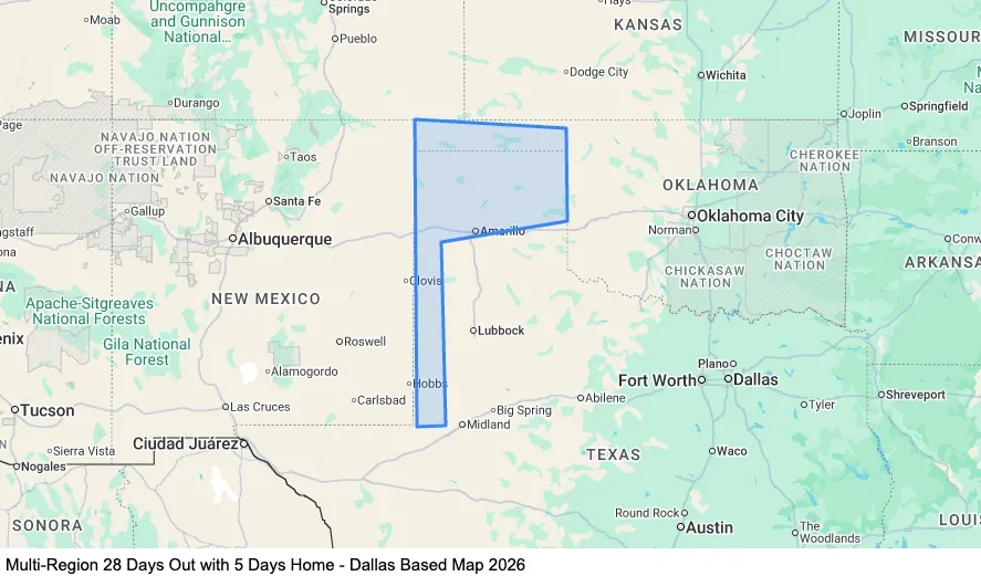 Multi-Region 28 Days Out with 5 Days Home - Dallas Based map