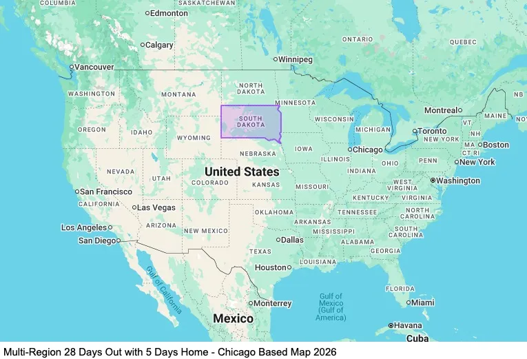 Multi-Region 28 Days Out with 5 Days Home - Chicago Based map