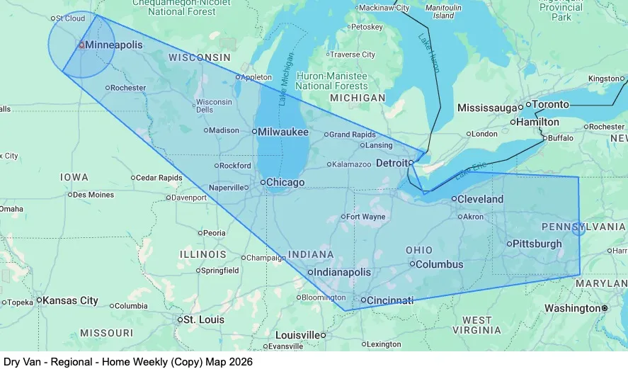 Dry Van - Regional - Home Weekly map