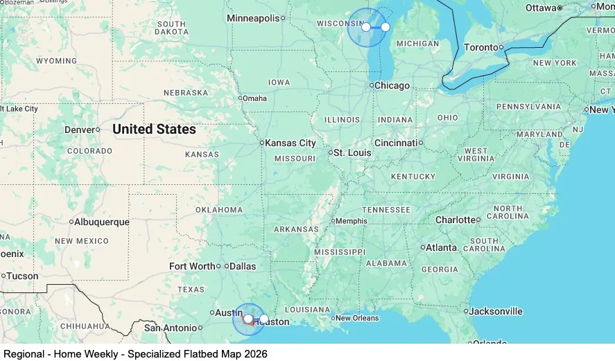 Regional - Home Weekly - Green Bay, WI to Houston, TX - Specialized Flatbed map