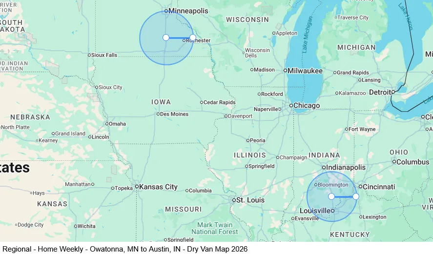 Regional - Home Weekly - Owatonna, MN to Austin, IN - Dry Van map