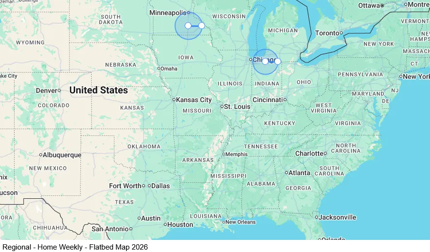 Regional - Home Weekly - Owatonna,MN to South Bend, IN - Conestoga map