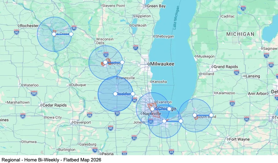 Regional - Home Bi-Weekly - Owatonna, MN to South Bend, IN - Conestoga map