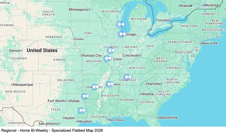 Regional - Home Bi-Weekly - Green Bay, WI to Houston, TX - Specialized Flatbed map