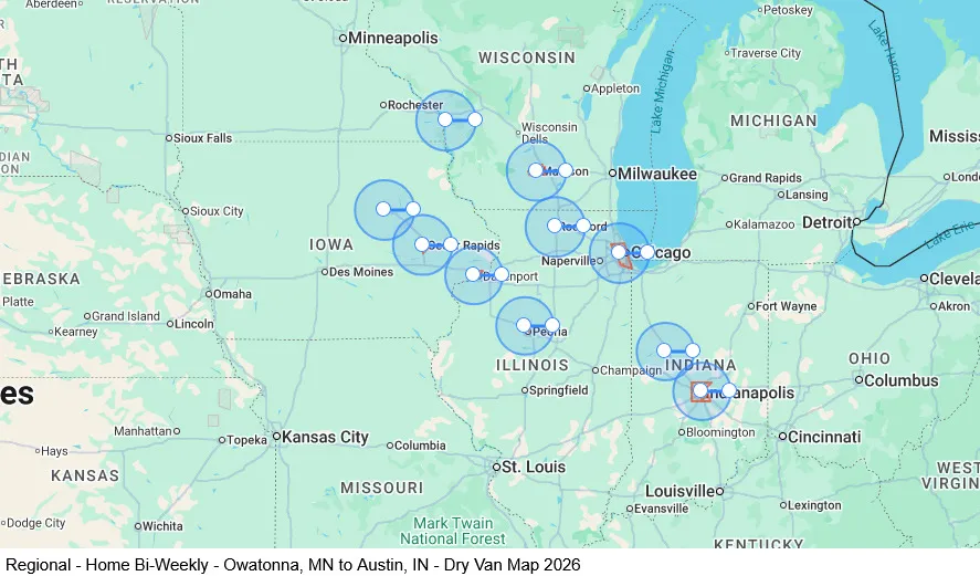 Regional - Home Bi-Weekly - Owatonna, MN to Austin, IN - Dry Van map