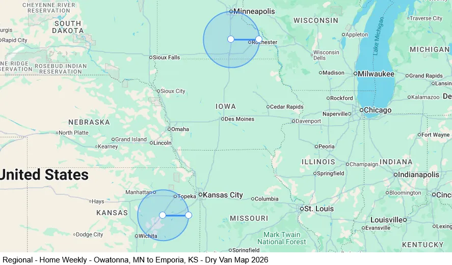 Regional - Home Weekly - Owatonna, MN to Emporia, KS - Dry Van map