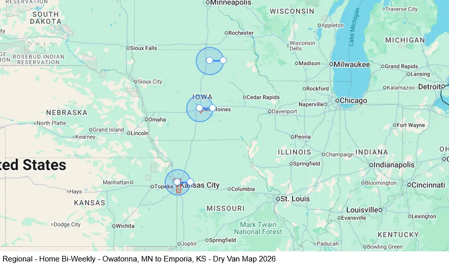 Regional - Home Bi-Weekly - Owatonna, MN to Emporia, KS - Dry Van map