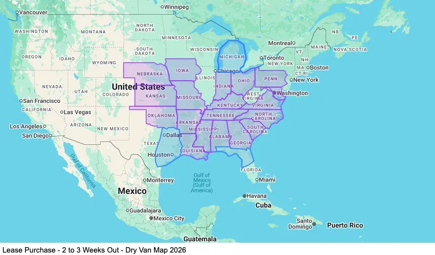 Lease Purchase - 2 to 3 Weeks Out - Dry Van map