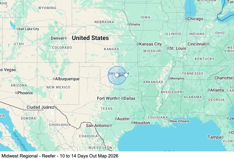 Midwest Regional - Reefer - 10 to 14 Days Out map