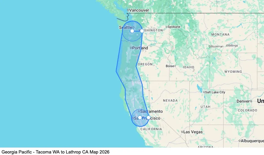 Georgia Pacific - Tacoma, WA to Lathrop, CA map