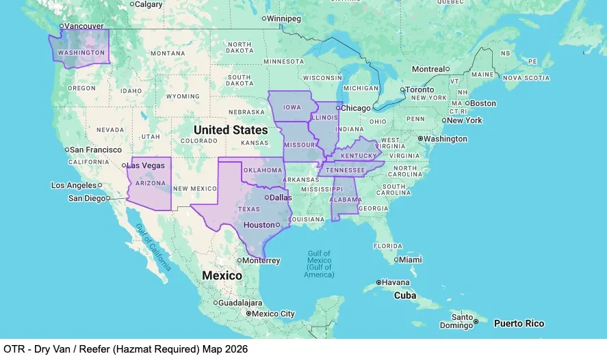 OTR - Dry Van / Reefer - Hazmat Required map