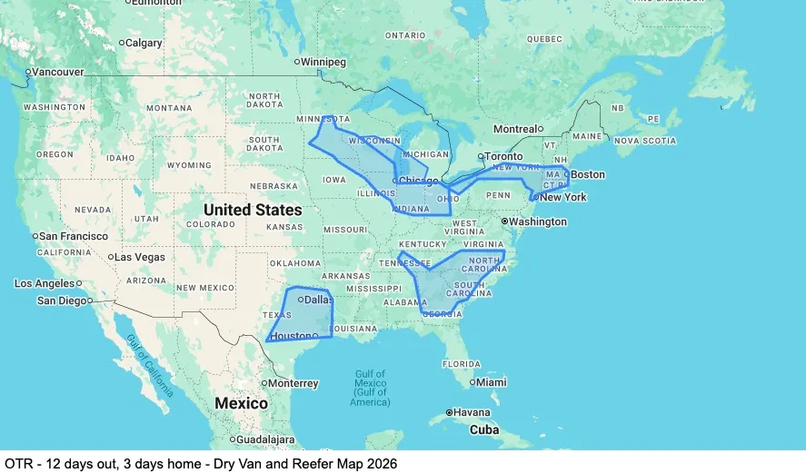 OTR - 12 days out, 3 days home - Dry Van / Reefer map