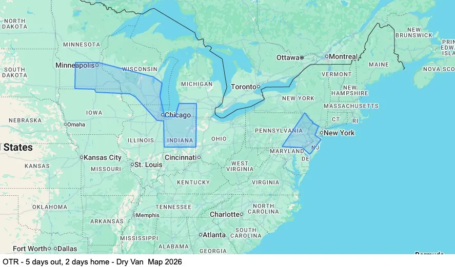 Regional - 5 days out, 2 days home - Dry Van map