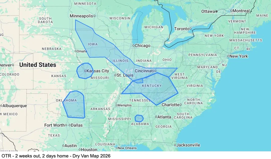 OTR - 2 weeks out, 2 days home - Dry Van map