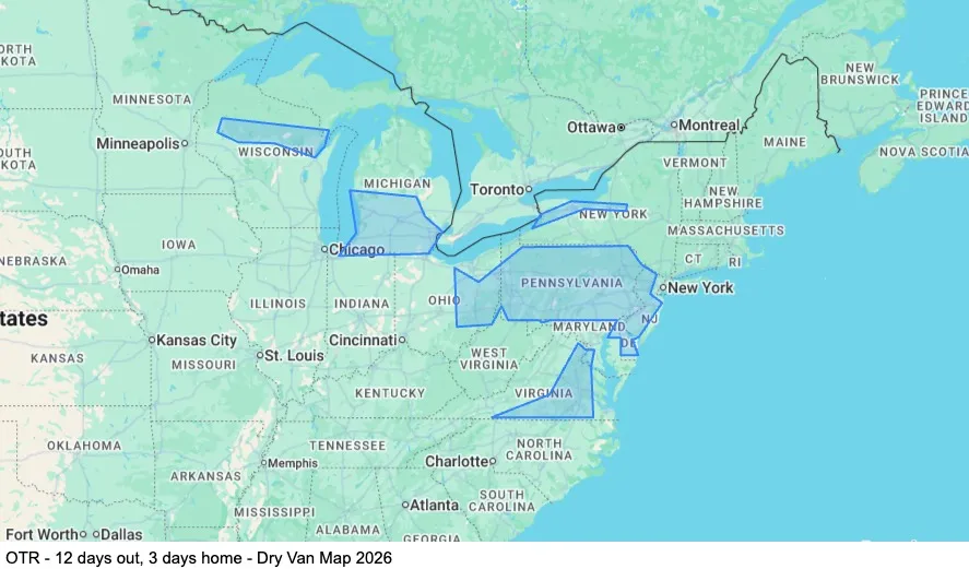 OTR - 12 days out, 3 days home - Dry Van map