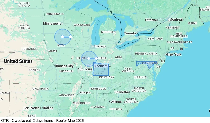OTR - 2 weeks out, 2 days home - Reefer map