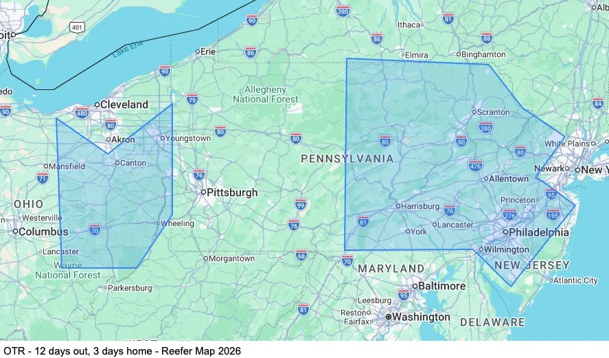 OTR - 12 days out, 3 days home - Reefer map