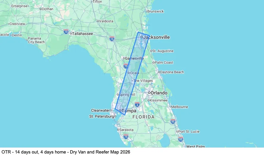 OTR - 14 days out, 4 days home - Dry Van / Reefer map