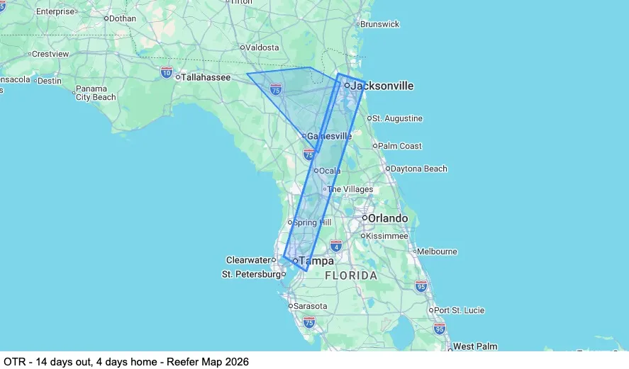 OTR - 14 days out, 4 days home - Reefer map